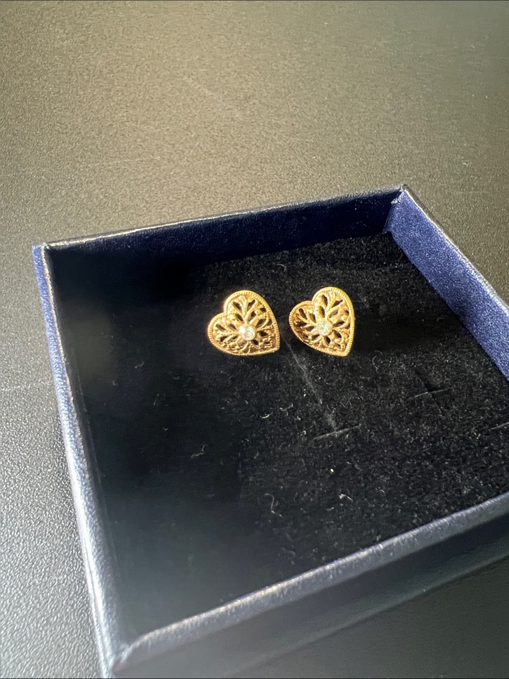 Gold Heart Filigree Stud Earrings with Crystal Accent